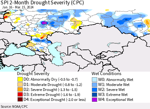 Russian Federation SPI 2-Month Drought Severity (CPC) Thematic Map For 1/16/2024 - 3/15/2024