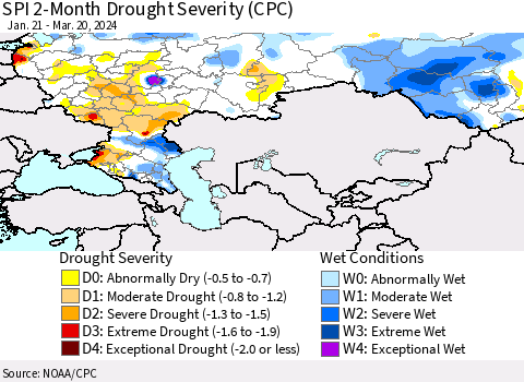 Russian Federation SPI 2-Month Drought Severity (CPC) Thematic Map For 1/21/2024 - 3/20/2024