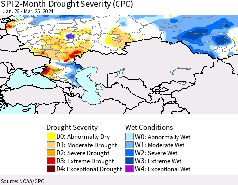 Russian Federation SPI 2-Month Drought Severity (CPC) Thematic Map For 1/26/2024 - 3/25/2024