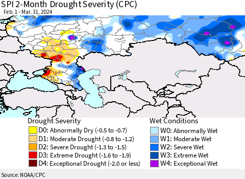 Russian Federation SPI 2-Month Drought Severity (CPC) Thematic Map For 2/1/2024 - 3/31/2024