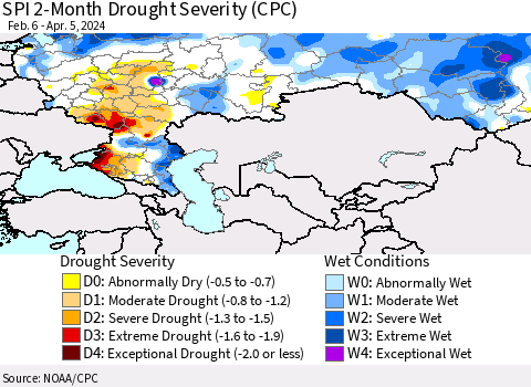 Russian Federation SPI 2-Month Drought Severity (CPC) Thematic Map For 2/6/2024 - 4/5/2024