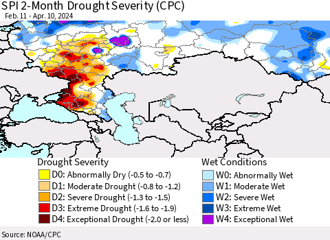 Russian Federation SPI 2-Month Drought Severity (CPC) Thematic Map For 2/11/2024 - 4/10/2024