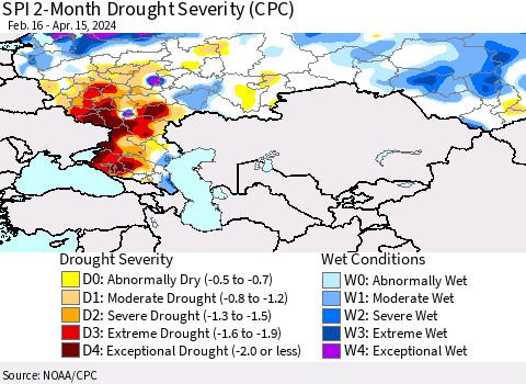 Russian Federation SPI 2-Month Drought Severity (CPC) Thematic Map For 2/16/2024 - 4/15/2024