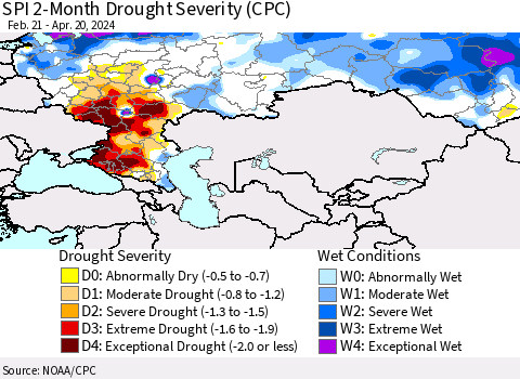 Russian Federation SPI 2-Month Drought Severity (CPC) Thematic Map For 2/21/2024 - 4/20/2024