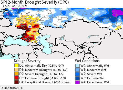 Russian Federation SPI 2-Month Drought Severity (CPC) Thematic Map For 2/26/2024 - 4/25/2024