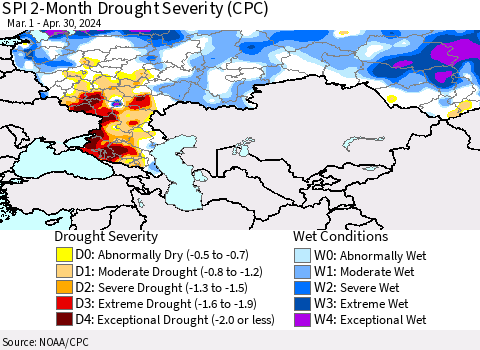 Russian Federation SPI 2-Month Drought Severity (CPC) Thematic Map For 3/1/2024 - 4/30/2024