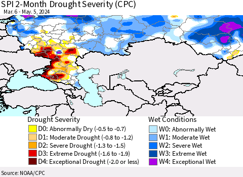Russian Federation SPI 2-Month Drought Severity (CPC) Thematic Map For 3/6/2024 - 5/5/2024