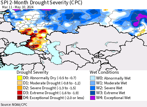 Russian Federation SPI 2-Month Drought Severity (CPC) Thematic Map For 3/11/2024 - 5/10/2024