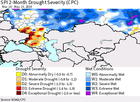 Russian Federation SPI 2-Month Drought Severity (CPC) Thematic Map For 3/16/2024 - 5/15/2024