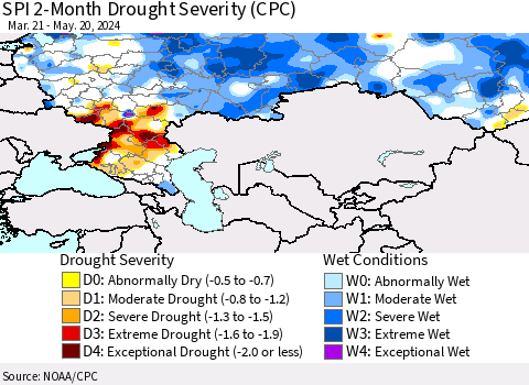 Russian Federation SPI 2-Month Drought Severity (CPC) Thematic Map For 3/21/2024 - 5/20/2024