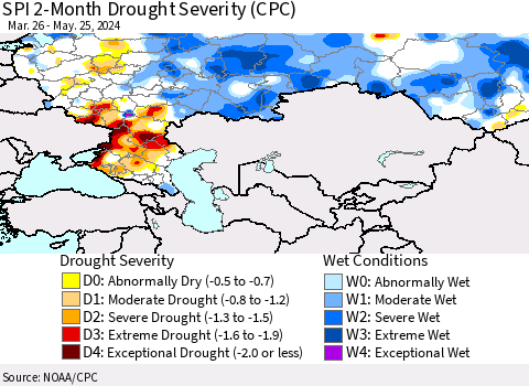Russian Federation SPI 2-Month Drought Severity (CPC) Thematic Map For 3/26/2024 - 5/25/2024