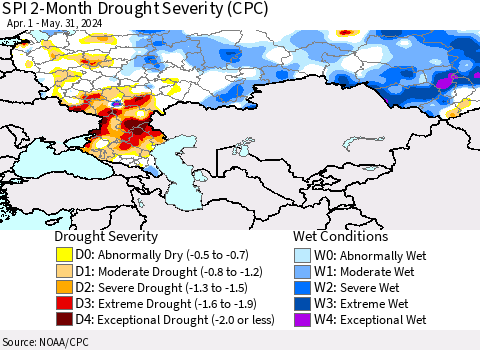 Russian Federation SPI 2-Month Drought Severity (CPC) Thematic Map For 4/1/2024 - 5/31/2024