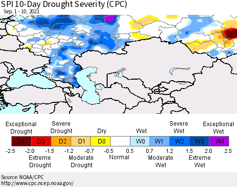 Russian Federation SPI 10-Day Drought Severity (CPC) Thematic Map For 9/1/2021 - 9/10/2021