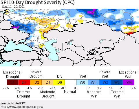 Russian Federation SPI 10-Day Drought Severity (CPC) Thematic Map For 9/11/2021 - 9/20/2021