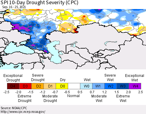 Russian Federation SPI 10-Day Drought Severity (CPC) Thematic Map For 9/16/2021 - 9/25/2021
