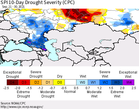 Russian Federation SPI 10-Day Drought Severity (CPC) Thematic Map For 9/21/2021 - 9/30/2021