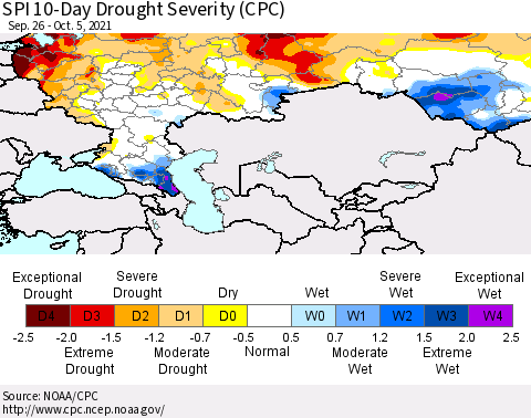 Russian Federation SPI 10-Day Drought Severity (CPC) Thematic Map For 9/26/2021 - 10/5/2021