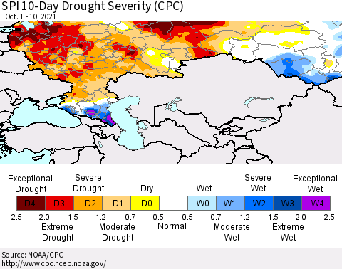 Russian Federation SPI 10-Day Drought Severity (CPC) Thematic Map For 10/1/2021 - 10/10/2021