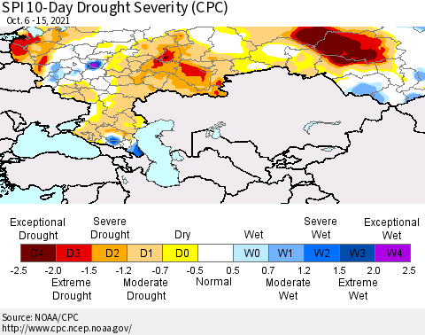 Russian Federation SPI 10-Day Drought Severity (CPC) Thematic Map For 10/6/2021 - 10/15/2021