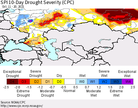 Russian Federation SPI 10-Day Drought Severity (CPC) Thematic Map For 10/11/2021 - 10/20/2021