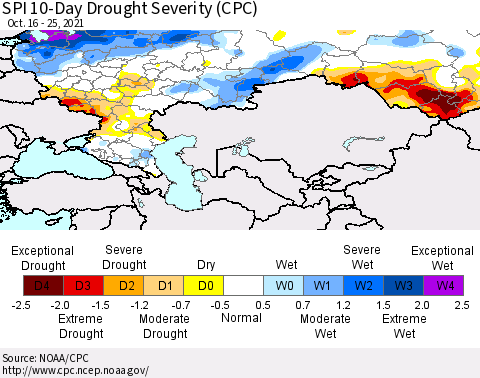 Russian Federation SPI 10-Day Drought Severity (CPC) Thematic Map For 10/16/2021 - 10/25/2021
