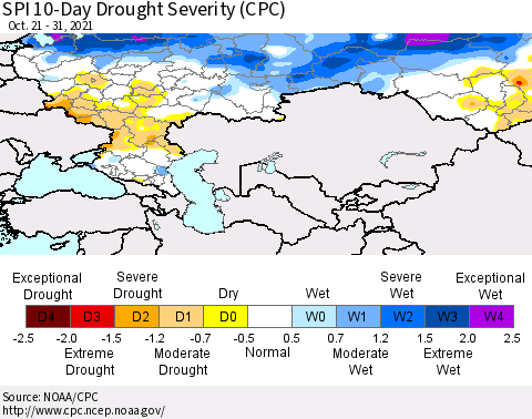Russian Federation SPI 10-Day Drought Severity (CPC) Thematic Map For 10/21/2021 - 10/31/2021
