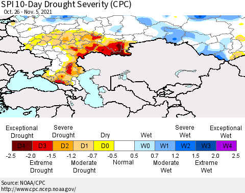 Russian Federation SPI 10-Day Drought Severity (CPC) Thematic Map For 10/26/2021 - 11/5/2021