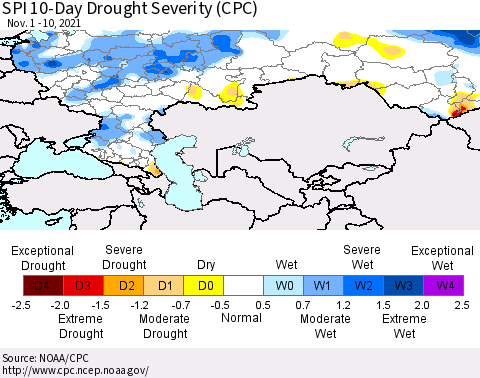 Russian Federation SPI 10-Day Drought Severity (CPC) Thematic Map For 11/1/2021 - 11/10/2021