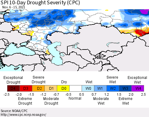 Russian Federation SPI 10-Day Drought Severity (CPC) Thematic Map For 11/6/2021 - 11/15/2021