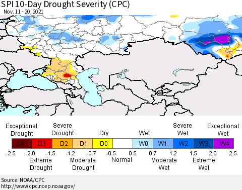 Russian Federation SPI 10-Day Drought Severity (CPC) Thematic Map For 11/11/2021 - 11/20/2021