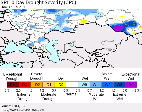 Russian Federation SPI 10-Day Drought Severity (CPC) Thematic Map For 11/16/2021 - 11/25/2021