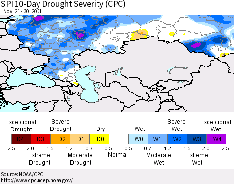 Russian Federation SPI 10-Day Drought Severity (CPC) Thematic Map For 11/21/2021 - 11/30/2021