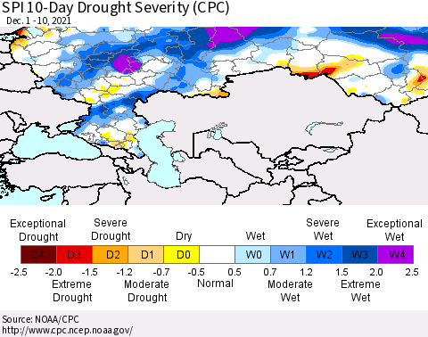 Russian Federation SPI 10-Day Drought Severity (CPC) Thematic Map For 12/1/2021 - 12/10/2021