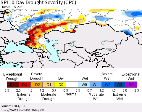 Russian Federation SPI 10-Day Drought Severity (CPC) Thematic Map For 12/6/2021 - 12/15/2021