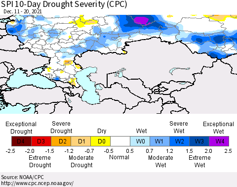 Russian Federation SPI 10-Day Drought Severity (CPC) Thematic Map For 12/11/2021 - 12/20/2021
