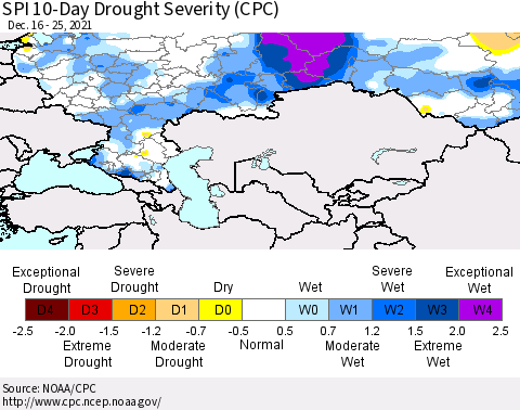 Russian Federation SPI 10-Day Drought Severity (CPC) Thematic Map For 12/16/2021 - 12/25/2021