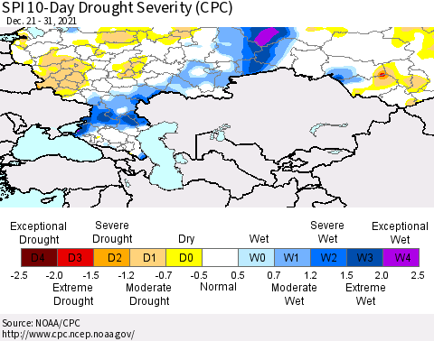 Russian Federation SPI 10-Day Drought Severity (CPC) Thematic Map For 12/21/2021 - 12/31/2021