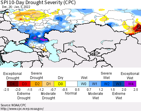 Russian Federation SPI 10-Day Drought Severity (CPC) Thematic Map For 12/26/2021 - 1/5/2022