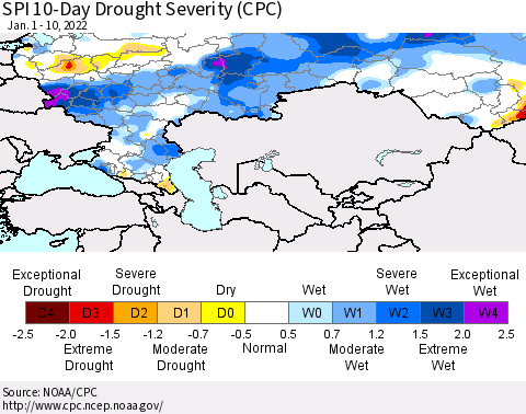Russian Federation SPI 10-Day Drought Severity (CPC) Thematic Map For 1/1/2022 - 1/10/2022