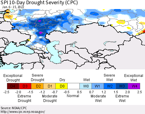 Russian Federation SPI 10-Day Drought Severity (CPC) Thematic Map For 1/6/2022 - 1/15/2022