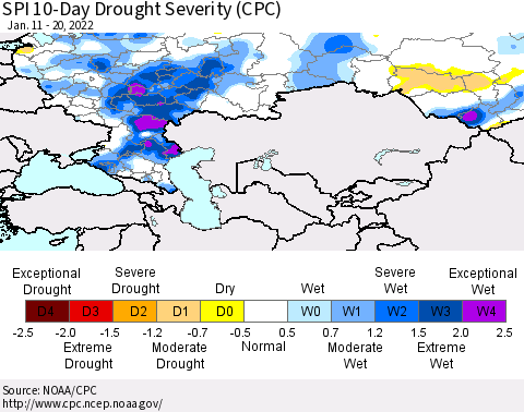 Russian Federation SPI 10-Day Drought Severity (CPC) Thematic Map For 1/11/2022 - 1/20/2022