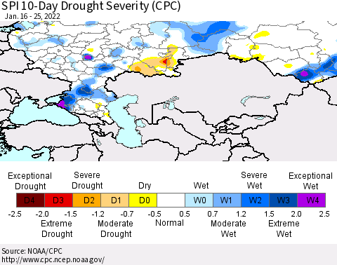 Russian Federation SPI 10-Day Drought Severity (CPC) Thematic Map For 1/16/2022 - 1/25/2022