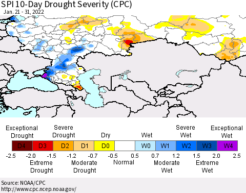 Russian Federation SPI 10-Day Drought Severity (CPC) Thematic Map For 1/21/2022 - 1/31/2022
