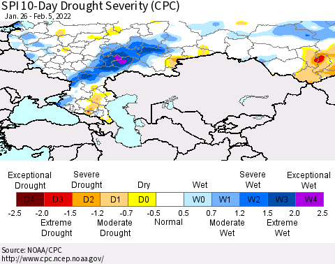 Russian Federation SPI 10-Day Drought Severity (CPC) Thematic Map For 1/26/2022 - 2/5/2022