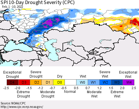 Russian Federation SPI 10-Day Drought Severity (CPC) Thematic Map For 2/1/2022 - 2/10/2022
