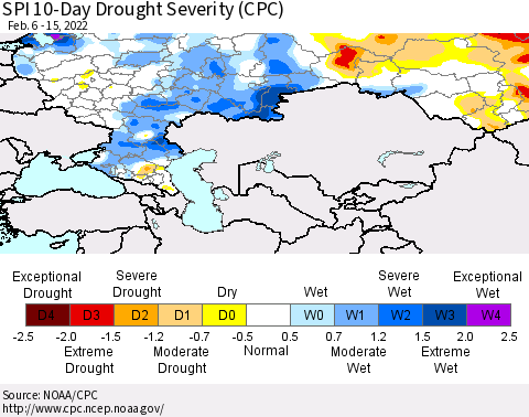 Russian Federation SPI 10-Day Drought Severity (CPC) Thematic Map For 2/6/2022 - 2/15/2022