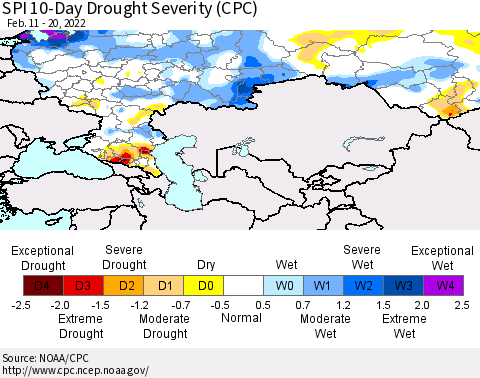 Russian Federation SPI 10-Day Drought Severity (CPC) Thematic Map For 2/11/2022 - 2/20/2022