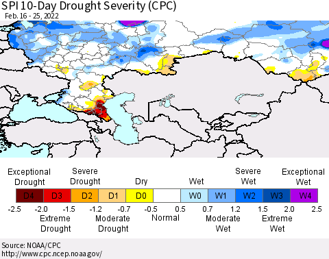 Russian Federation SPI 10-Day Drought Severity (CPC) Thematic Map For 2/16/2022 - 2/25/2022