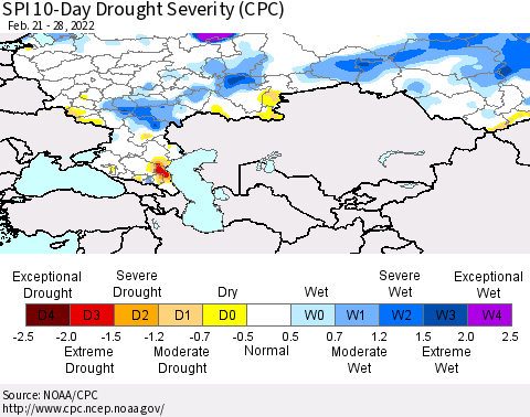 Russian Federation SPI 10-Day Drought Severity (CPC) Thematic Map For 2/21/2022 - 2/28/2022
