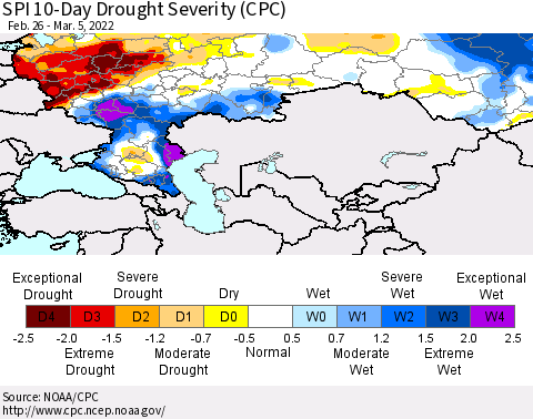 Russian Federation SPI 10-Day Drought Severity (CPC) Thematic Map For 2/26/2022 - 3/5/2022